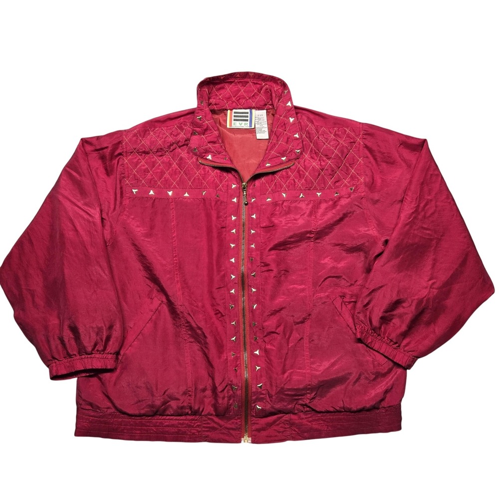 EVR Jacket Womens Medium Burgundy Silk Studded Quilted Bomber Zip Vintage Style